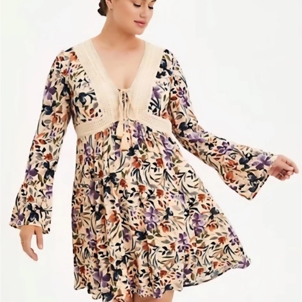 Torrid Size 2 Sand Floral Lace Up Skater Dress Crochet Lace Up Bell Sleeve Boho